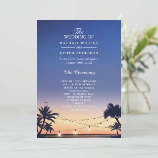 Sunset Palm Beach String Lights Wedding Programmakaart (Staand voorkant)