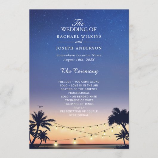 Sunset Palm Beach String Lights Wedding Programmakaart (Voorkant)