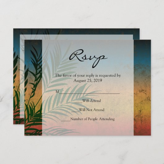 Sunset Palm Tree Branch Bruiloft RSVP Kaarten (Voorkant / Achterkant)