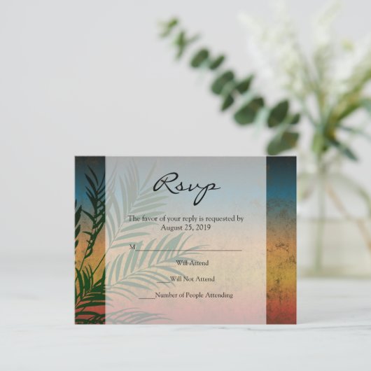 Sunset Palm Tree Branch Bruiloft RSVP Kaarten (Staand voorkant)