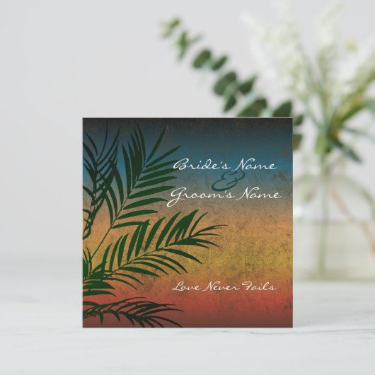 Sunset Palm Tree Branch bruiloft uitnodigingen (Staand voorkant)