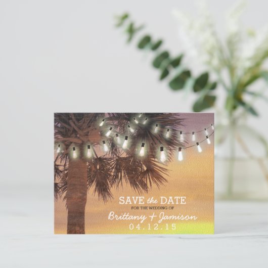Sunset Palm Tree String Lights Save the Date Aankondigingskaart (Staand voorkant)