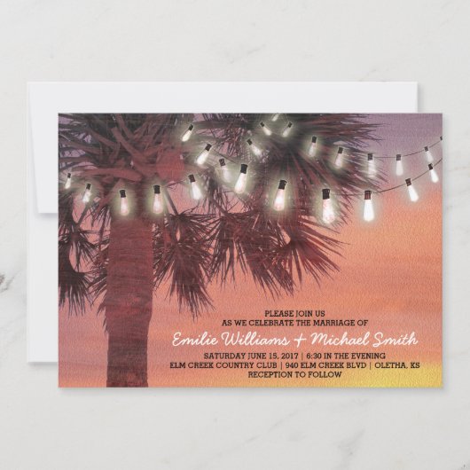 Sunset Palm Tree String Lights Weddenschap Kaart (Voorkant)