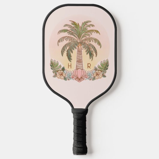 Sunset Palm Tree Waterverf Monogram Roze Pickleball Paddle (Voorkant)
