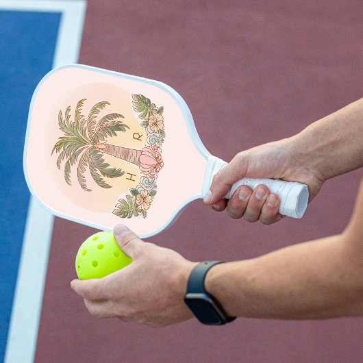 Sunset Palm Tree Waterverf Monogram Roze Pickleball Paddle