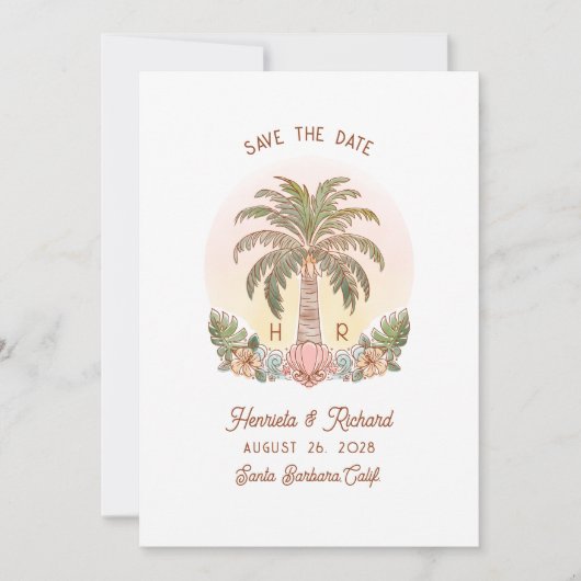 Sunset Palm Tree Waterverf Monogram Strand Save The Date (Voorkant)