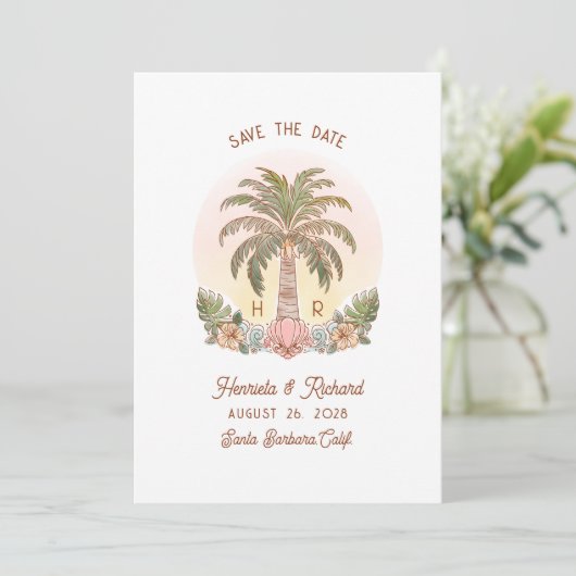 Sunset Palm Tree Waterverf Monogram Strand Save The Date (Staand voorkant)