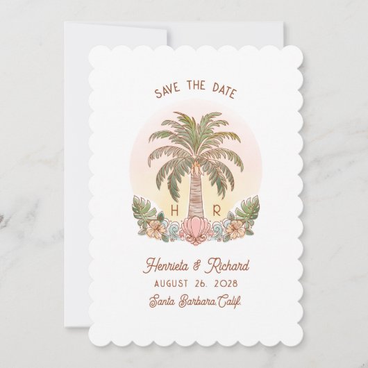 Sunset Palm Tree Waterverf Monogram Strand Save The Date (Voorkant)
