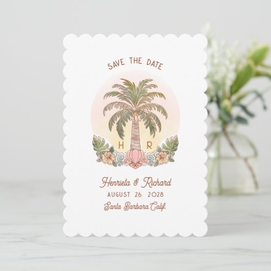 Sunset Palm Tree Waterverf Monogram Strand Save The Date (Staand voorkant)