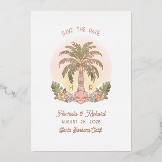 Sunset Palm Tree Waterverf Sla de datum op Folie Uitnodiging (Voorkant)
