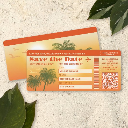 Sunset Palm Trees Faux Boarding Pass Sla de datum Kaart