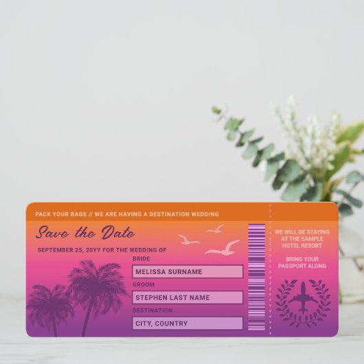 Sunset Palm Trees Faux Boarding Pass Sla de datum Kaart (Staand voorkant)