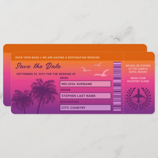 Sunset Palm Trees Faux Boarding Pass Sla de datum Kaart (Voorkant / Achterkant)