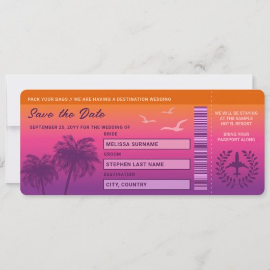 Sunset Palm Trees Faux Boarding Pass Sla de datum Kaart (Voorkant)
