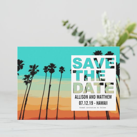Sunset Palms Modern Beach Bewaar de data Save The Date (Staand voorkant)