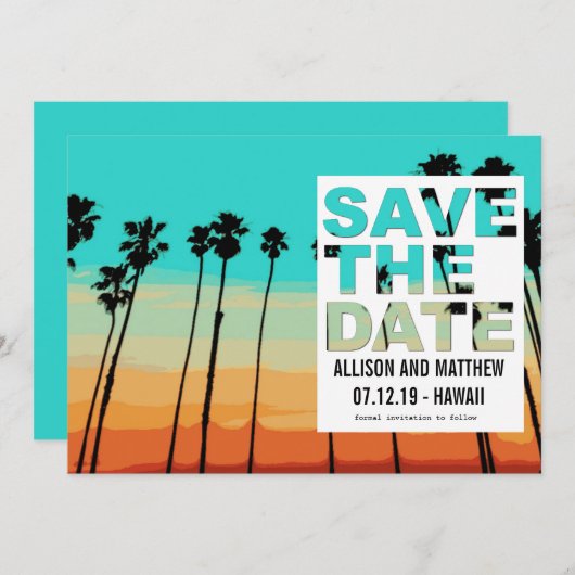 Sunset Palms Modern Beach Bewaar de data Save The Date (Voorkant / Achterkant)