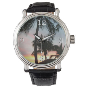 Sunset Palms Tropical Landscape Photography Horloge