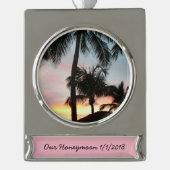 Sunset Palms Tropical Landscape Photography Verzilverd Banner Ornament (Voorkant)