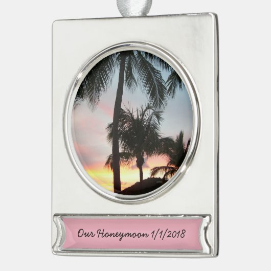 Sunset Palms Tropical Landscape Photography Verzilverd Banner Ornament (Links)