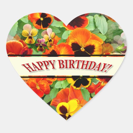 Sunset Pansies Verjaardagsgroet Hart Sticker (Voorkant)