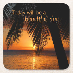 Sunset Paradise Palm Tree Mooie dag Quote Kartonnen Onderzetters