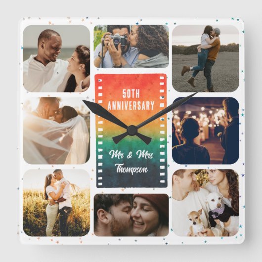 Sunset Photo Collage Mr and Mrs Custom Anniversary Vierkante Klok (Voorkant)