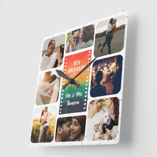 Sunset Photo Collage Mr and Mrs Custom Anniversary Vierkante Klok (Hoek)