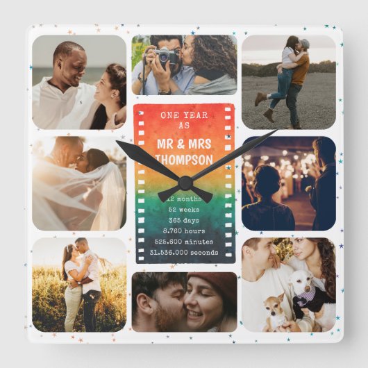 Sunset Photo Collage Mr en Mrs 1e Jubileum Vierkante Klok (Voorkant)