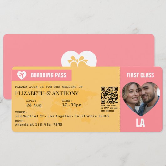 Sunset Pink & Goldenrod Boarding Pass Wedding Kaart (Voorkant / Achterkant)
