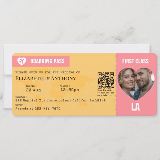 Sunset Pink & Goldenrod Boarding Pass Wedding Kaart (Voorkant)