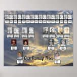 Sunset Rays Through Clouds Foto 2 Family Trees Poster<br><div class="desc">Als een paar trouwen, worden hun familiebomen gecombineerd. Dit poster bevat vier generaties families met een achtergrond van een foto van een pijnboombos. De foto's en de namen zijn opstelling als sjablonen die met de familiefoto's en de namen zouden moeten worden vervangen. Als je geen foto van een van de...</div>