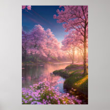 Sunset Reflections on a Cherry Blossom River