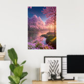 Sunset Reflections on a Cherry Blossom River Poster (Thuiskantoor)