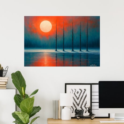 Sunset Reflections with Bare Trees Poster (Thuiskantoor)