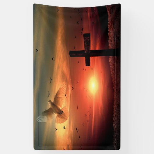 Sunset Resurrection Dove and Cross Spandoek (Verticaal)