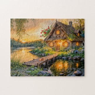 Sunset River Cottage with Dog on Bridge and Flower Legpuzzel