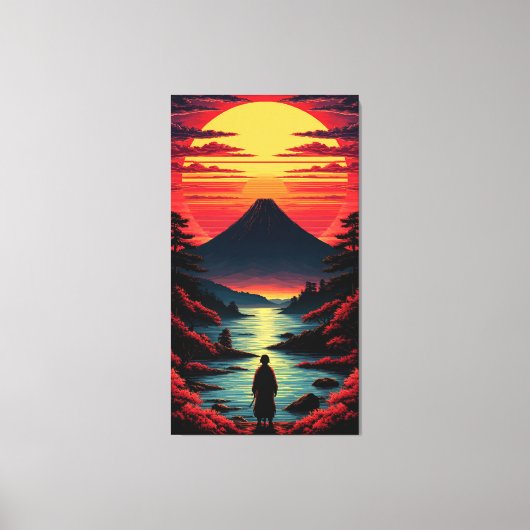 Sunset River With Volcano Canvas Afdruk (Voorkant)