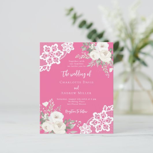 Sunset roze witte kant bruiloft uitnodiging (Staand voorkant)