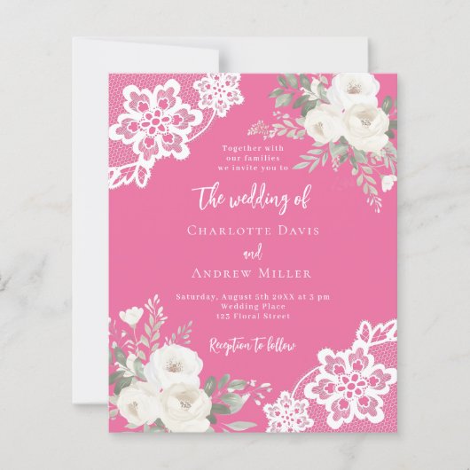 Sunset roze witte kant bruiloft uitnodiging (Voorkant)