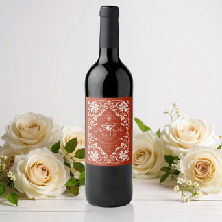 Sunset Rust Red Shabby Chic Wedding Wine Label Wijn Etiket