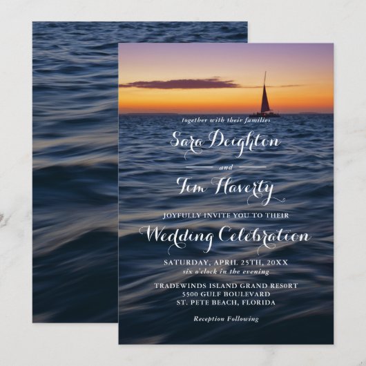 Sunset Sail Hedendaagse nautische bruiloft Uitnodi Kaart (Voorkant / Achterkant)