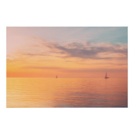 Sunset Sailboats Calm Ocean Horizon Glow Perfect Poster