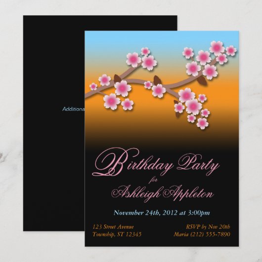 Sunset Sakura Birthday Invitations Kaart (Voorkant / Achterkant)