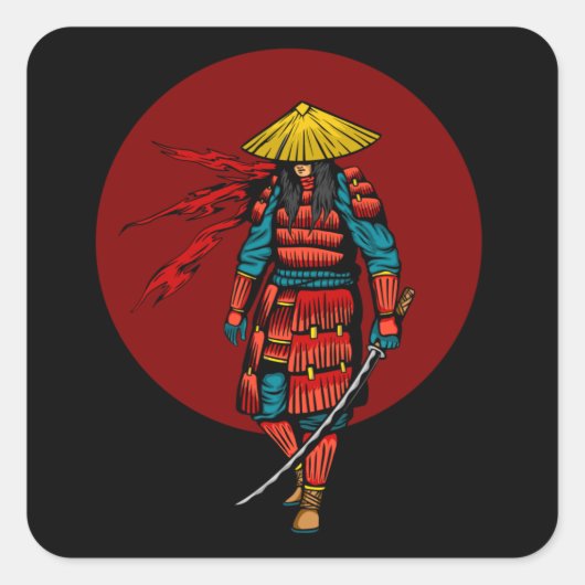 Sunset Samurai Warrior met Katana Vierkante Sticker (Voorkant)