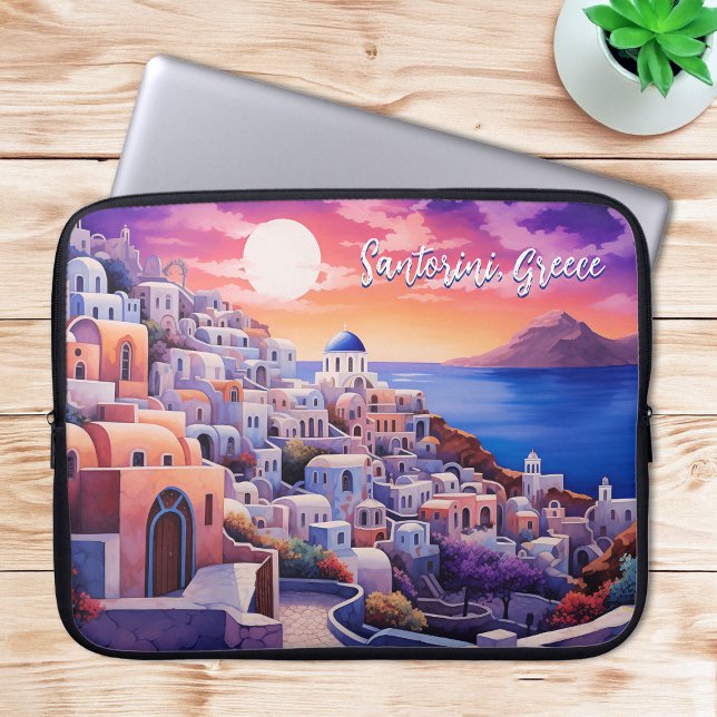 Sunset Santorini Island Illustratie | Reiskunst Laptop Sleeve (Sunset Santorini Island Illustration | Travel Art Laptop Sleeve)