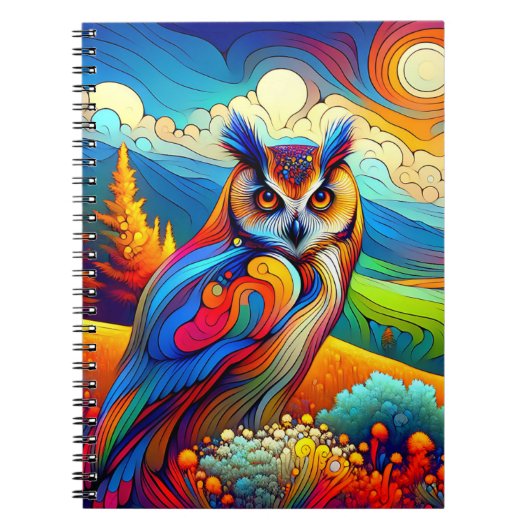 Sunset Sentinel Uil – Levendige Landschapskunst Notitieboek (Voorkant)