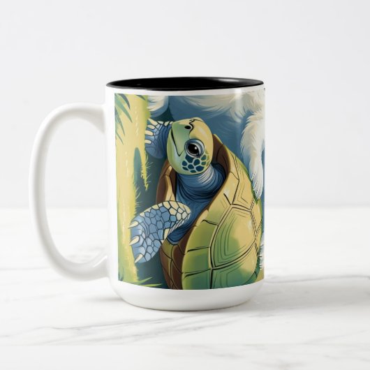 Sunset Serenade: Grazende Giraffes op de Savanne Tweekleurige Koffiemok (Links)