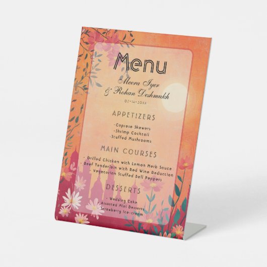 Sunset Serenade Pedestal Wedding Menu Reclamebord Met Voetstuk (Voorkant)