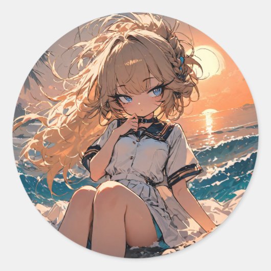 Sunset Serenity: Beach Girl Art Ronde Sticker (Voorkant)