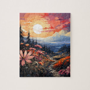 Sunset Serenity: levendige wilde bloemen en bergen Legpuzzel
